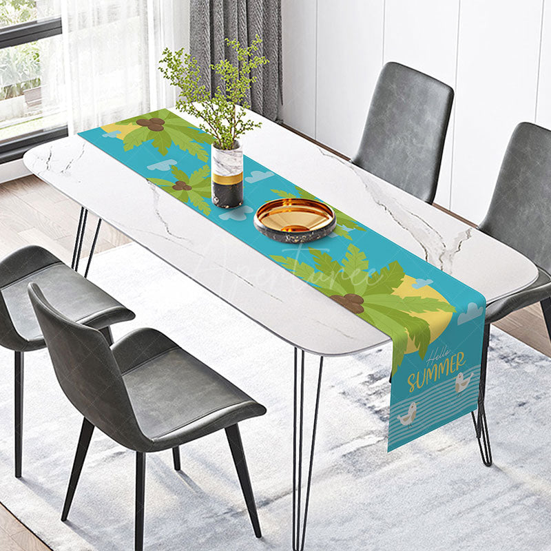 Aperturee - Aperturee Hello Summer Table Runner with Coconut Trees and Blue Sea for Tropical Beach and Coastal Kitchen Decor