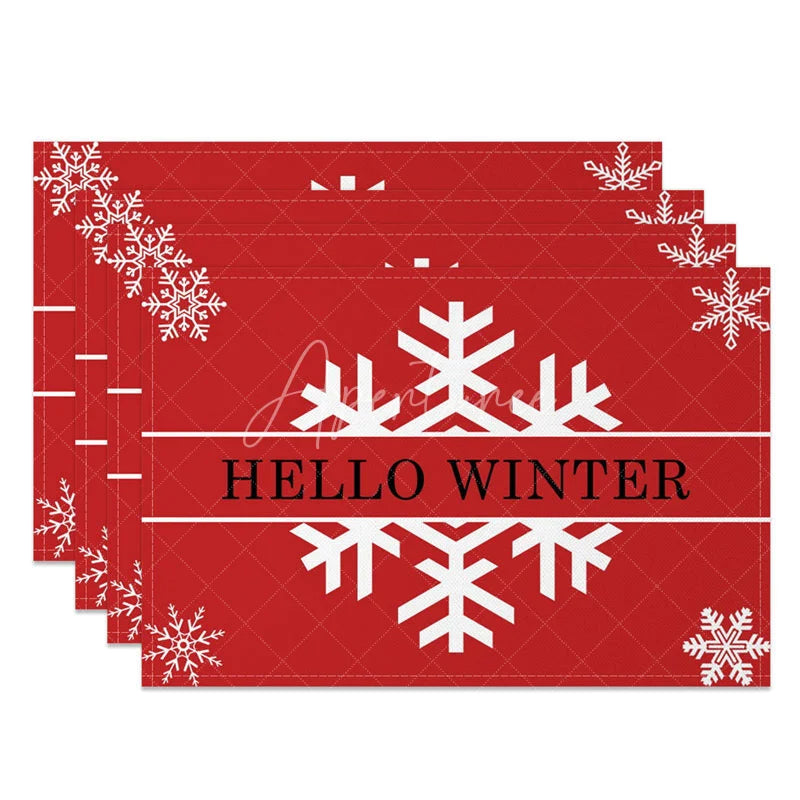 Aperturee - Aperturee Hello Winter Set of 4 Placemats Red with White Snowflakes Modern Holiday Table Mats Decor