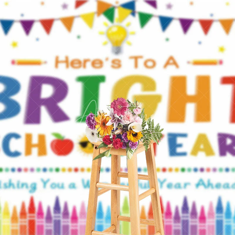 Aperturee - Aperturee Here’s To A Bright School Year Backdrop Colorful Pencils Crayons Apple First Day of School Party