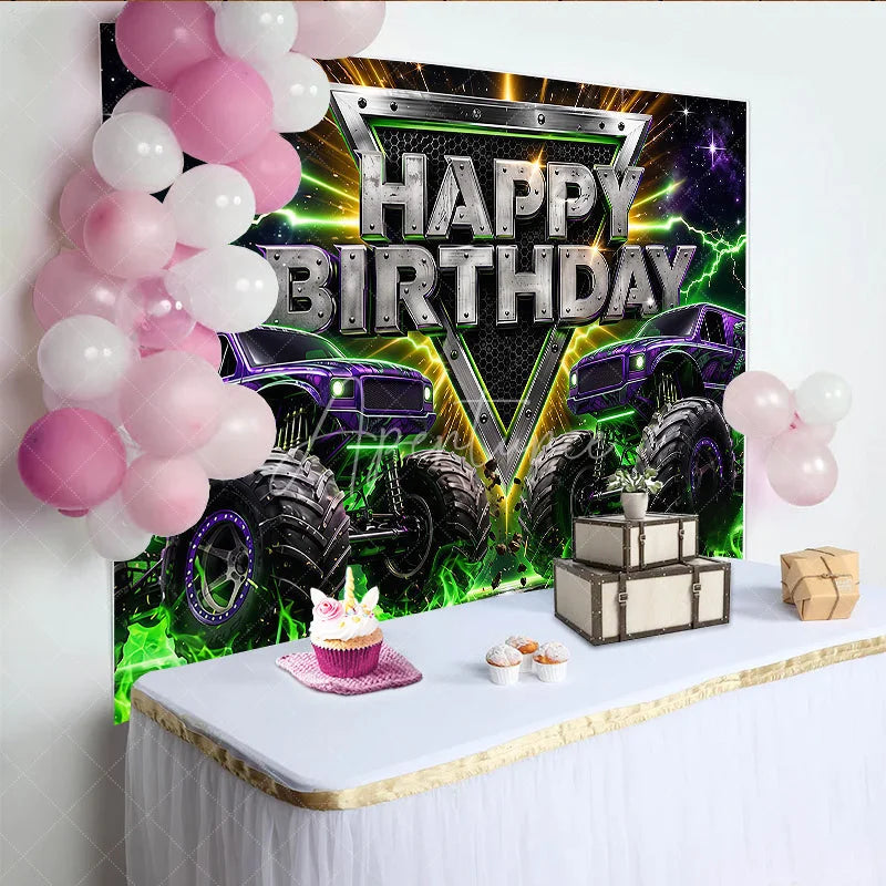 Aperturee - Aperturee High-Energy Purple Monster Truck Rally Birthday Backdrop featuring Green Lightning and a Starry Night