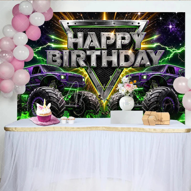Aperturee - Aperturee High-Energy Purple Monster Truck Rally Birthday Backdrop featuring Green Lightning and a Starry Night