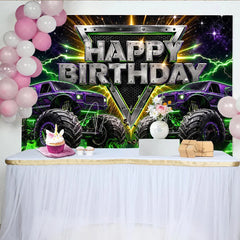 Aperturee - Aperturee High-Energy Purple Monster Truck Rally Birthday Backdrop featuring Green Lightning and a Starry Night