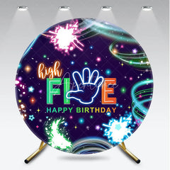 Aperturee - Aperturee High Five Happy Birthday Round Backdrop Neon Glow Party 5th Birthday Paint Splatter Photo Booth Props