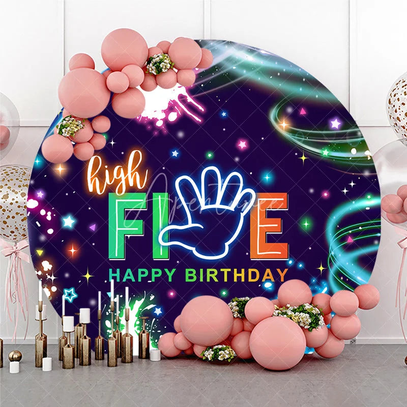 Aperturee - Aperturee High Five Happy Birthday Round Backdrop Neon Glow Party 5th Birthday Paint Splatter Photo Booth Props