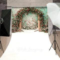 Aperturee - Aperturee Holly Berry Arch Sweep Backdrop Teal Wall Green Leaves Photography Background Winter Christmas Floral Holiday Party