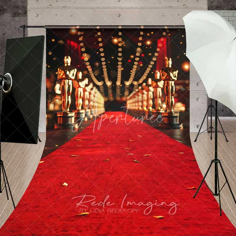 Aperturee - Aperturee Hollywood Awards Night Sweep Backdrop Red Carpet Golden Statues Photography Floor Mat VIP Party Decoration