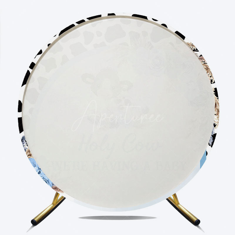 Aperturee - Aperturee Holy Cow We’re Having a Baby Round Backdrop Blue Floral Farm Animal Theme Boy Baby Shower Party Decor