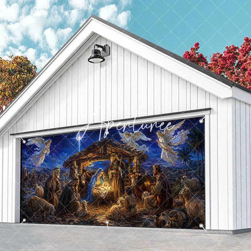 Aperturee - Aperturee Holy Family Nativity Scene Christmas Garage Door Banner with Angels and Wise Men Religious Holiday Decor