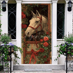Aperturee - Aperturee Horse and Roses Door Cover Equestrian Stable with Red Roses and Ribbon Derby Party Decor