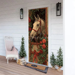 Aperturee - Aperturee Horse and Roses Door Cover Equestrian Stable with Red Roses and Ribbon Derby Party Decor