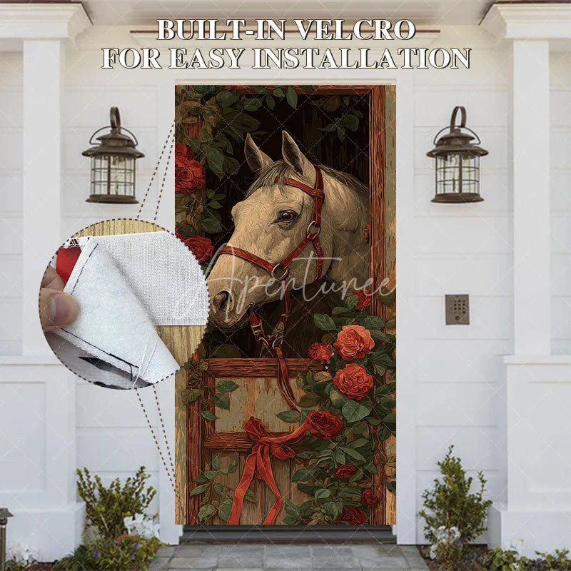 Aperturee - Aperturee Horse and Roses Door Cover Equestrian Stable with Red Roses and Ribbon Derby Party Decor