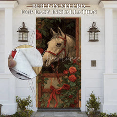 Aperturee - Aperturee Horse and Roses Door Cover Equestrian Stable with Red Roses and Ribbon Derby Party Decor