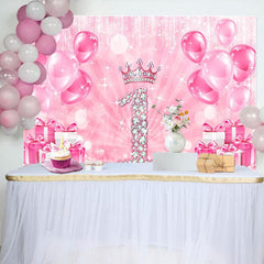 Aperturee - Aperturee Hot Pink Balloon Crown Happy 1st Birthday Backdrop