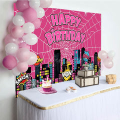 Aperturee - Aperturee Hot Pink Super Spider Wab City Happy Birthday Backdrop