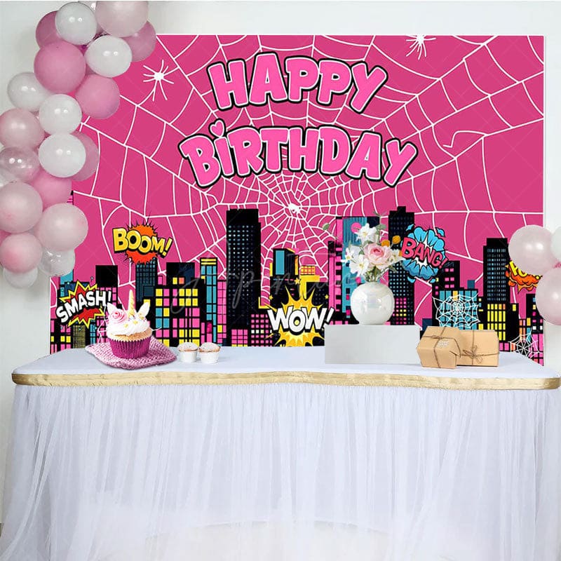 Aperturee - Aperturee Hot Pink Super Spider Wab City Happy Birthday Backdrop