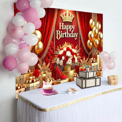 Aperturee - Aperturee Hot Red Gold Crown Balloon Flower Birthday Backdrop