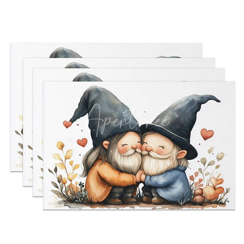 Aperturee - Aperturee Hugging Gnome Blue Hat Set of 4 Placemats Happy Couple Valentine Decoration Cute Heart Dining Table Mat
