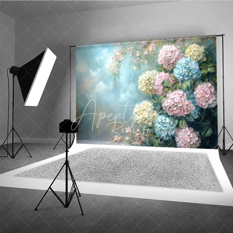 Aperturee - Aperturee Hydrangea Floral Fine Art Photography Backdrop Blue Pink Yellow Flowers Painting Background Spring Garden Photo Prop