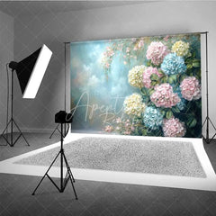 Aperturee - Aperturee Hydrangea Floral Fine Art Photography Backdrop Blue Pink Yellow Flowers Painting Background Spring Garden Photo Prop