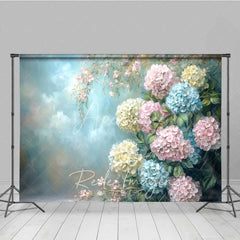 Aperturee - Aperturee Hydrangea Floral Fine Art Photography Backdrop Blue Pink Yellow Flowers Painting Background Spring Garden Photo Prop
