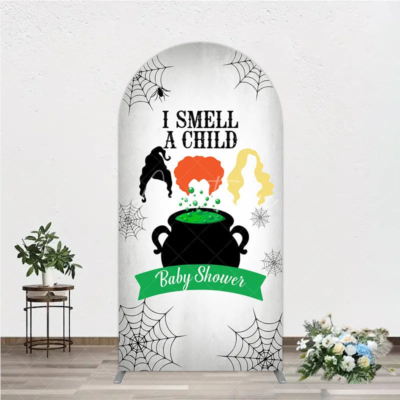 Aperturee - Aperturee I Smell a Child Halloween Baby Shower Arch Backdrop Hocus Pocus Inspired Witch Sisters A Baby is Brewing Decor