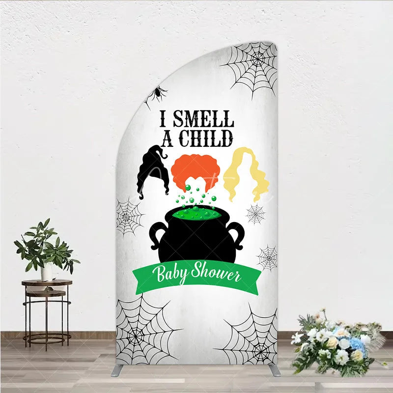 Aperturee - Aperturee I Smell a Child Halloween Baby Shower Half Moon Arch Backdrop Hocus Pocus Inspired Witch Sisters A Baby is Brewing