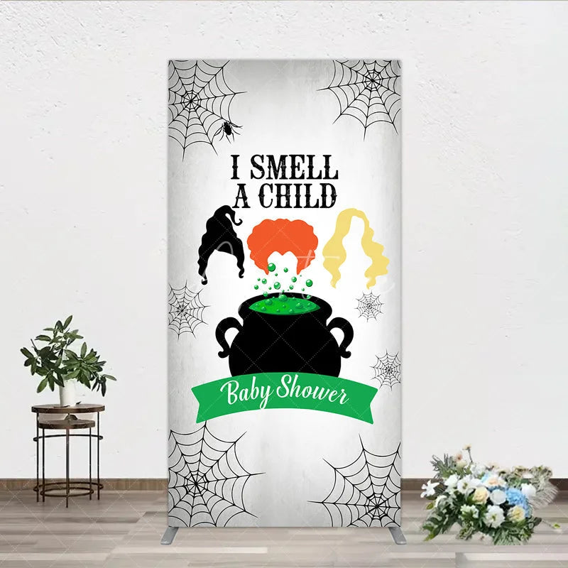 Aperturee - Aperturee I Smell a Child Halloween Baby Shower Rectangle Backdrop Hocus Pocus Inspired Witch Sisters A Baby is Brewing Decor