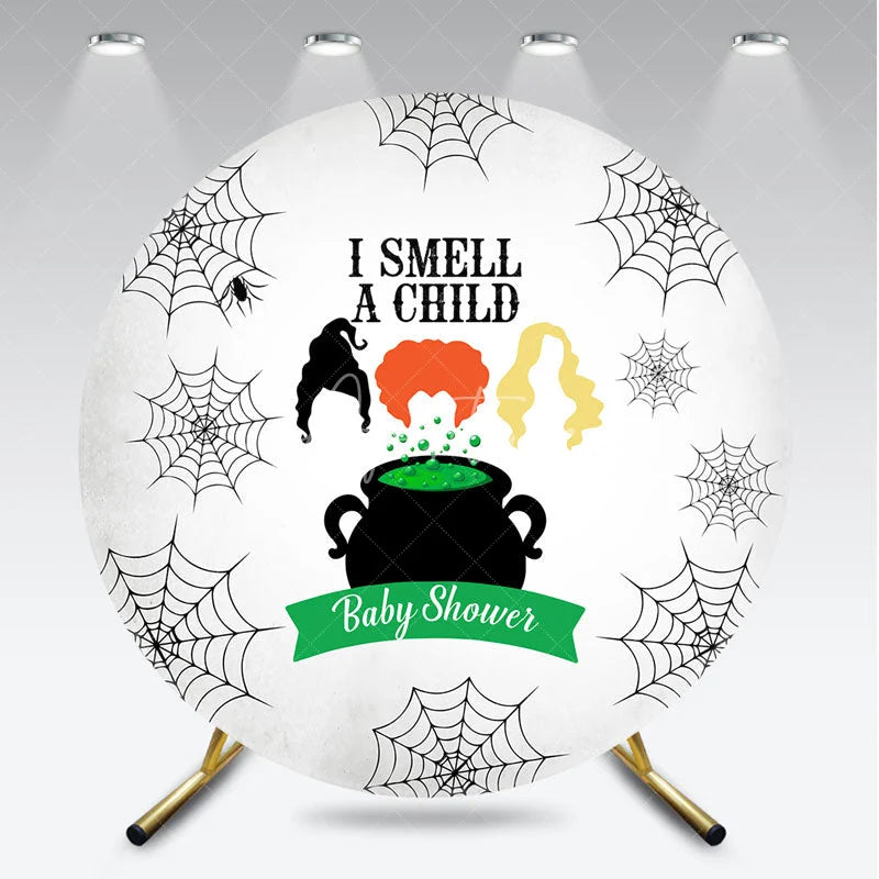 Aperturee - Aperturee I Smell a Child Halloween Baby Shower Round Backdrop Hocus Pocus Inspired Witch Sisters A Baby is Brewing Decor
