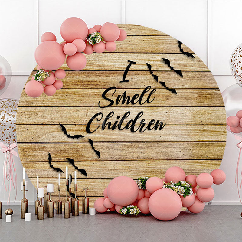 Aperturee - Aperturee I Smell Children Round Backdrop for Halloween Hocus Pocus Inspired with Bats Rustic Wood Witch Party Decor
