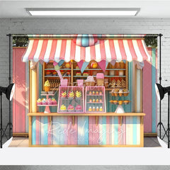 Aperturee - Aperturee Ice Cream and Cupcake Shop Combo Set Backdrop Pastel Striped Sweet Treats Birthday Party Background