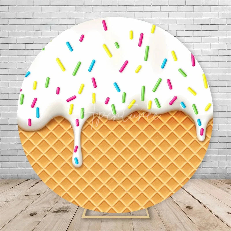 Aperturee - Aperturee Ice Cream Round Backdrop Colorful Sprinkles Waffle Cone Birthday Party Decor Sweet Dessert Background