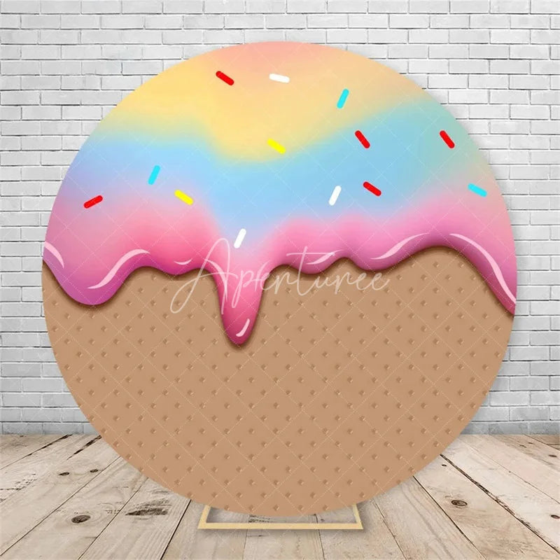 Aperturee - Aperturee Ice Cream Round Backdrop Colorful Sprinkles Waffle Cone Birthday Party Decor Sweet Dessert Background