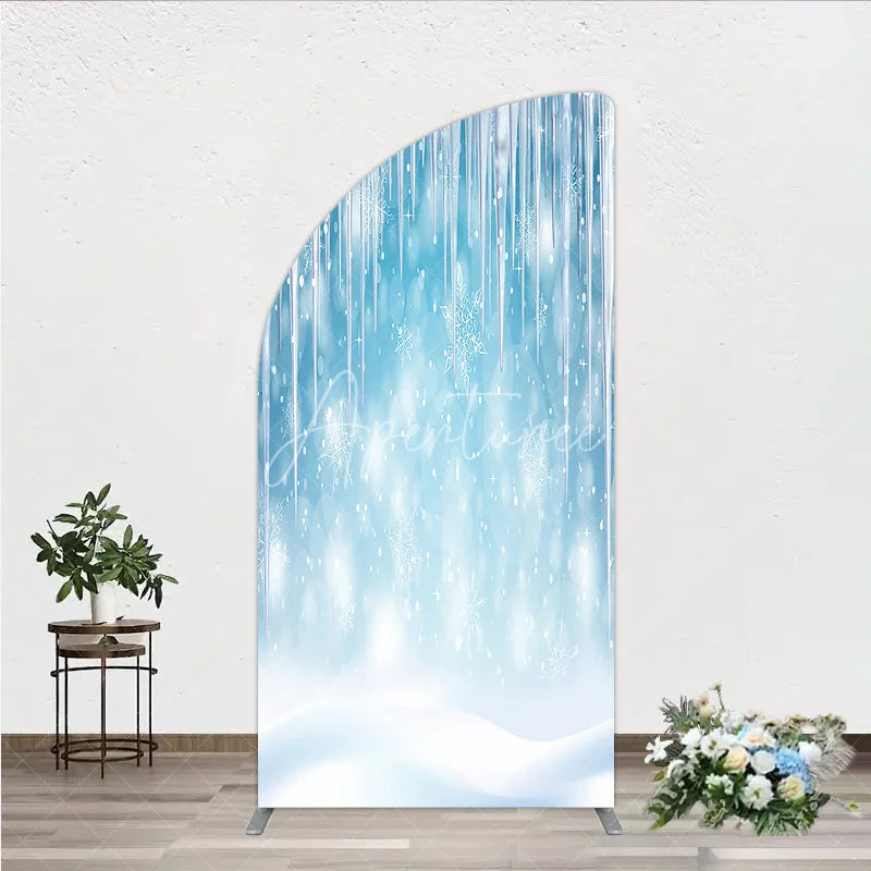 Aperturee - Aperturee Icy Blue Winter Wonderland Half Moon Arch Backdrop Featuring Snowflakes and Icicles for Holiday Decor