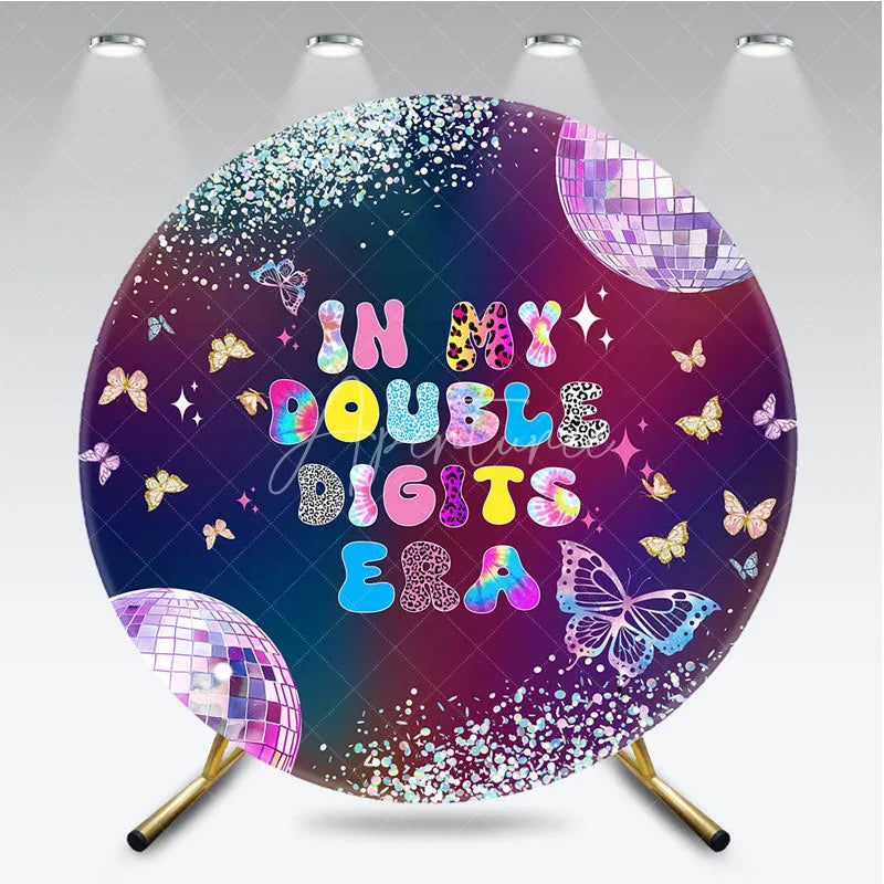 Aperturee - Aperturee In My Double Digits Era Round Backdrop Galaxy Disco Butterfly Decoration 10th Birthday Background