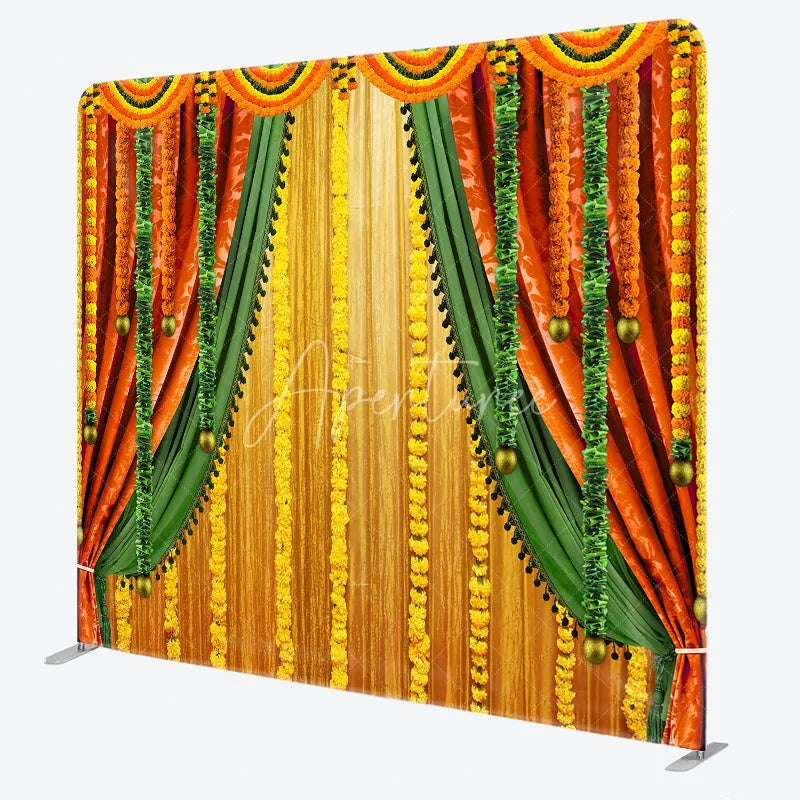 Aperturee - Aperturee Indian Pooja Ceremony Tension Fabric Backdrop Traditional Marigold Flower Garland Decor Diwali Haldi Mehendi Wedding