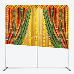 Aperturee - Aperturee Indian Pooja Ceremony Tension Fabric Backdrop Traditional Marigold Flower Garland Decor Diwali Haldi Mehendi Wedding