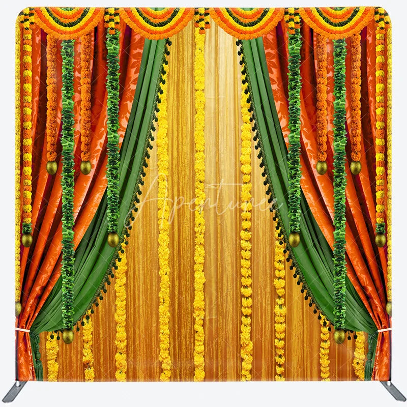 Aperturee - Aperturee Indian Pooja Ceremony Tension Fabric Backdrop Traditional Marigold Flower Garland Decor Diwali Haldi Mehendi Wedding