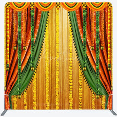 Aperturee - Aperturee Indian Pooja Ceremony Tension Fabric Backdrop Traditional Marigold Flower Garland Decor Diwali Haldi Mehendi Wedding