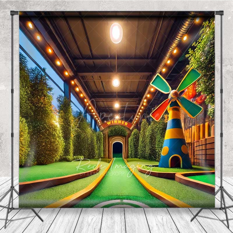 Aperturee Aperturee Indoor Mini Golf Course Photography Backdrop Fun Sports and Games Scenery with Windmill Kids Party Photo Prop