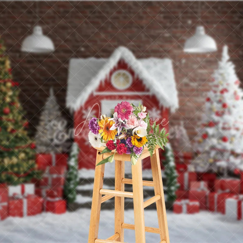Aperturee - Aperturee Industrial Christmas Loft Photography Backdrop Red House with Brick Wall Snowy Holiday Mini Session Background