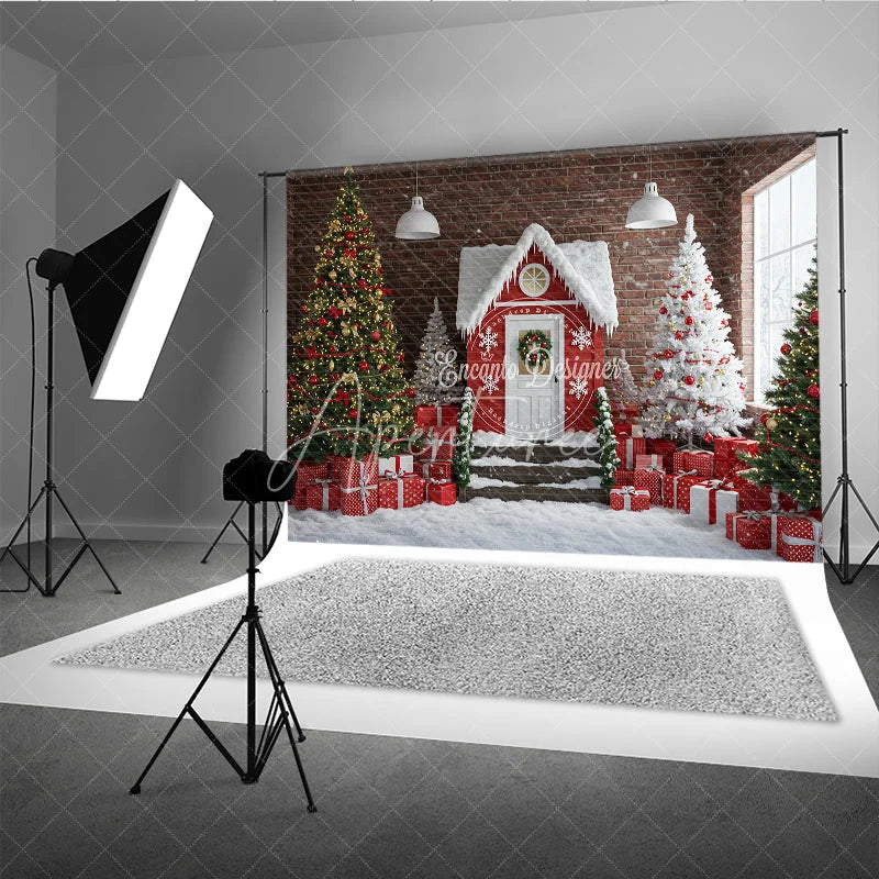 Aperturee - Aperturee Industrial Christmas Loft Photography Backdrop Red House with Brick Wall Snowy Holiday Mini Session Background