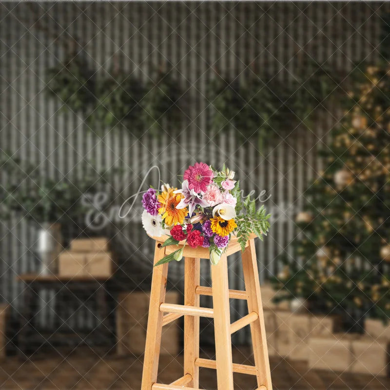Aperturee - Aperturee Industrial Christmas Photography Backdrop Corrugated Metal Wall with Tree Modern Minimalist Holiday Background