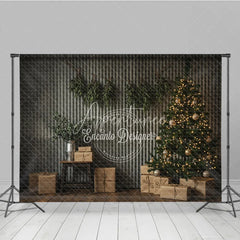 Aperturee - Aperturee Industrial Christmas Photography Backdrop Corrugated Metal Wall with Tree Modern Minimalist Holiday Background