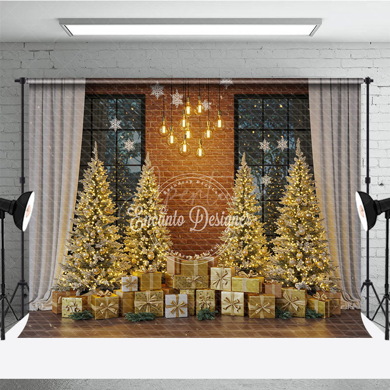 Aperturee - Aperturee Industrial Loft Christmas Photography Backdrop Brick Wall with Gold Trees Modern Holiday Mini Session Background