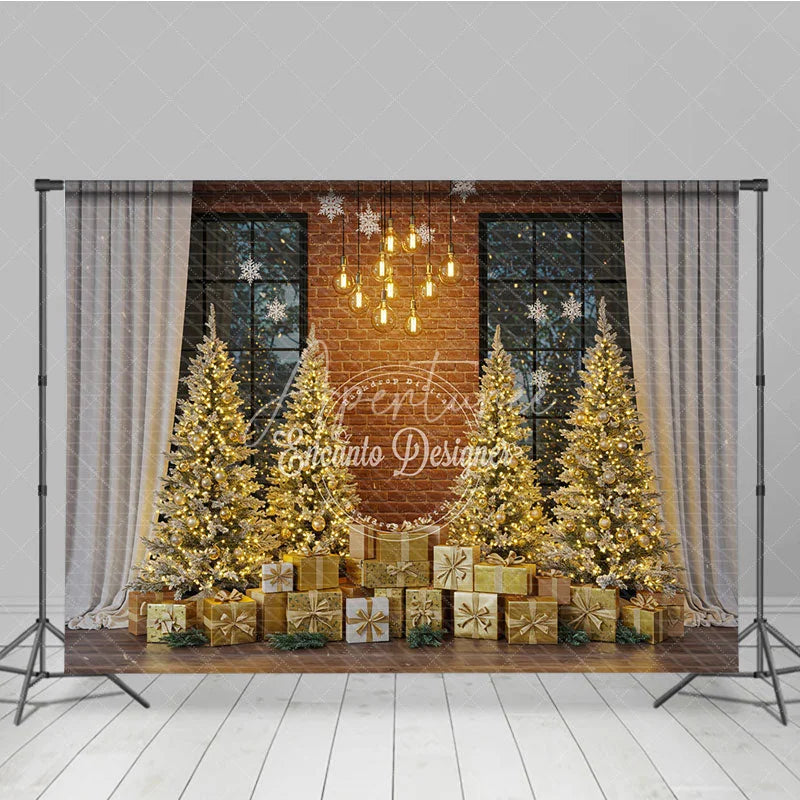 Aperturee - Aperturee Industrial Loft Christmas Photography Backdrop Brick Wall with Gold Trees Modern Holiday Mini Session Background