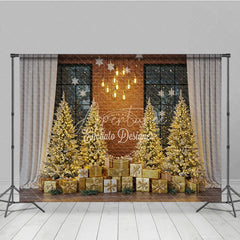 Aperturee - Aperturee Industrial Loft Christmas Photography Backdrop Brick Wall with Gold Trees Modern Holiday Mini Session Background