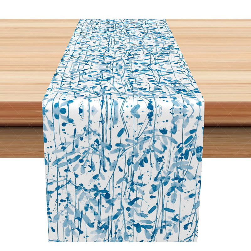 Aperturee - Aperturee Ink Blue Floral and Stripe Table Runner Aesthetic Moody Botanical Design Elegant and Romantic Kitchen Decor