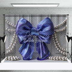 Aperturee - Aperturee Iridescent Blue Bow and Pearl Photography Backdrop Elegant Grey Paneled Wall Design for Studio