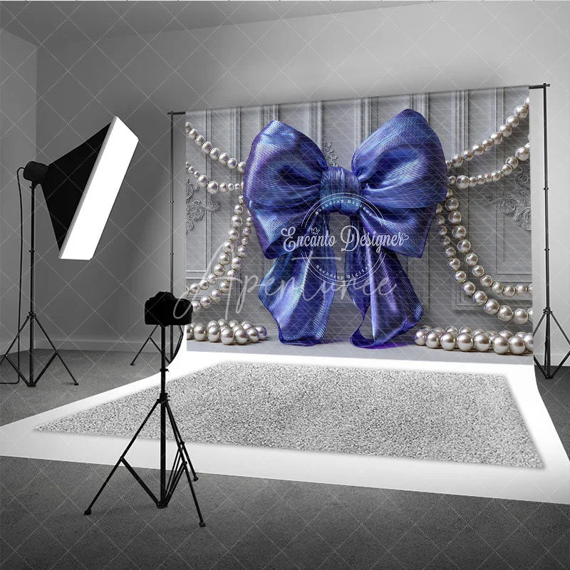 Aperturee - Aperturee Iridescent Blue Bow and Pearl Photography Backdrop Elegant Grey Paneled Wall Design for Studio