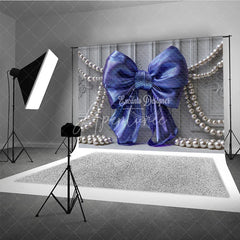 Aperturee - Aperturee Iridescent Blue Bow and Pearl Photography Backdrop Elegant Grey Paneled Wall Design for Studio